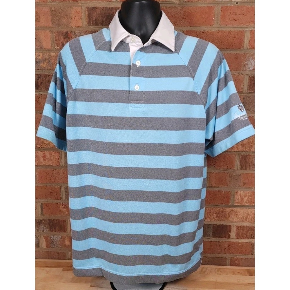 FJ Footjoy Short Sleeve‎ Polo Shirt Mens Large Gray Blue Stripe King & Prince GC